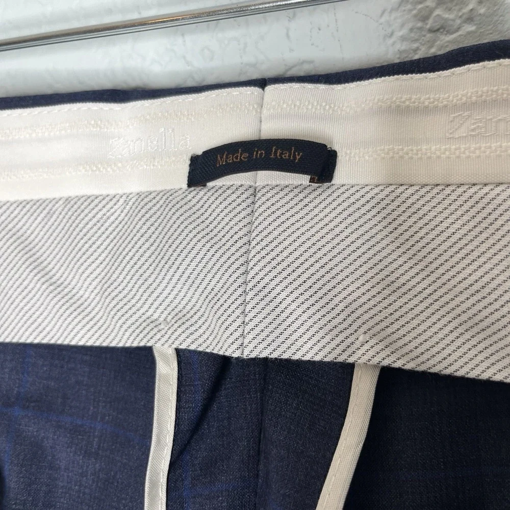 Zanella NWT Dress Pants Size 42 US Devon Navy Blue Plaid 100% Wool $350